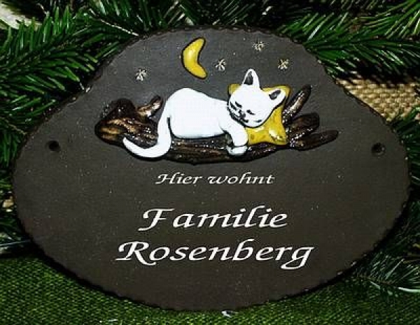 Töpfer-Türschild – schlafende Katze auf Ast – 22 x 16 cm – Reliefbild – aufwändige Handarbeit