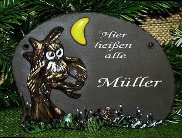 Töpfer-Türschild – Igel und Eule – 20 x 15 cm – Reliefbild – sehr aufwändige Handarbeit