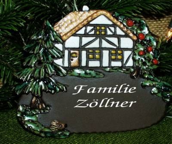 Töpfer-Türschild – Haus mit Tanne, Apfelbaum und Igel – 20 x 15 cm – Reliefbild – schöne aufwändige Handarbeit