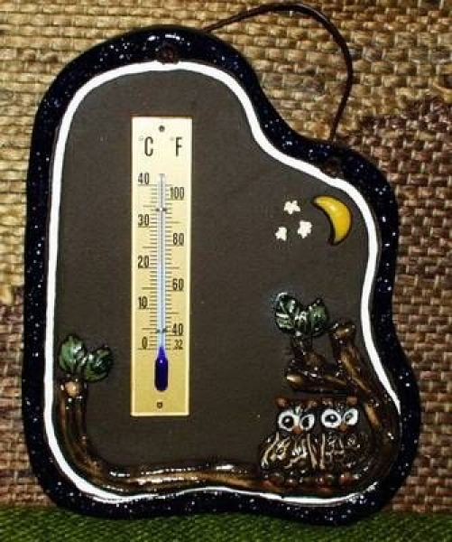 Thermometer mit Eulen-Paar – 13,5 x 16 cm – sehr aufwändige Handarbeit