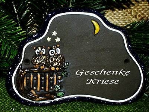 Töpfer-Türschild – Eulen-Paar auf Zaun – 17 x 12 cm – Reliefbild – sehr aufwändige Handarbeit – DISC