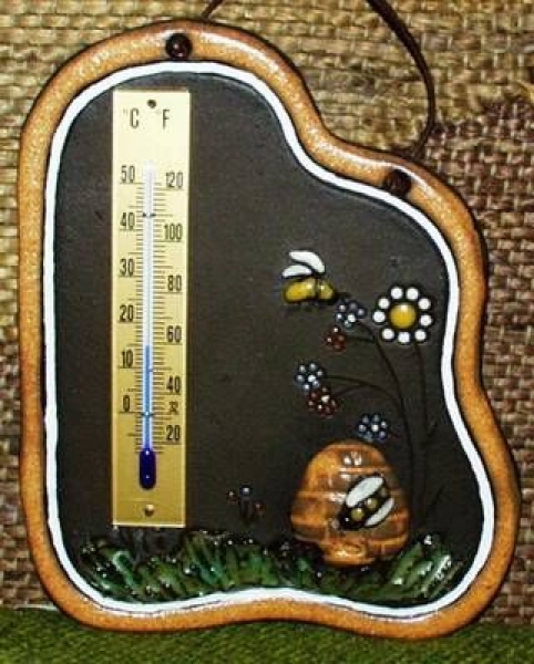 Thermometer mit Bienenkorb und Bienen – 13 x 16 cm – sehr aufwändige Handarbeit