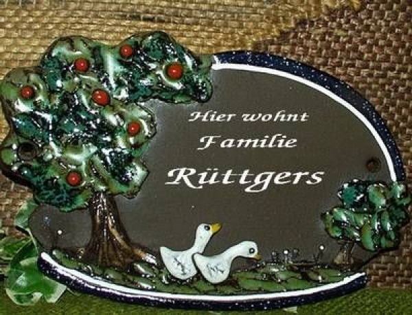 Töpfer-Türschild – Gänse unterm Apfelbaum – 21,5 x 13 cm – Reliefbild – sehr aufwändige Handarbeit – DISC