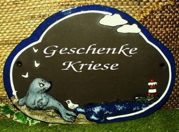 Töpfer-Türschild – Seehund mit Möwe – 22 x 15 cm – Reliefbild – sehr aufwändige Handarbeit