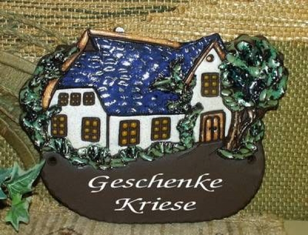 Töpfer-Türschild – Haus mit blauem Dach – 21 x 16,5 cm – sehr aufwändige Handarbeit – DISC