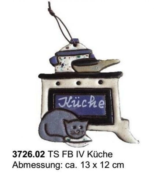 Töpfer - Türschild – Herd und Katze – fester Text: Küche – 13 x 12 cm – hochwertige Handarbeit