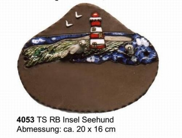 Töpfer-Türschild – Insel mit Leuchtturm und Seehund – 20 x 16 cm – Reliefbild – sehr aufwändige Handarbeit