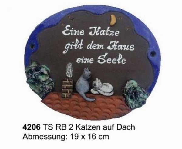 Töpfer-Türschild – Katzenpaar auf Dach – 19 x 16 cm – Reliefbild – aufwändige Handarbeit