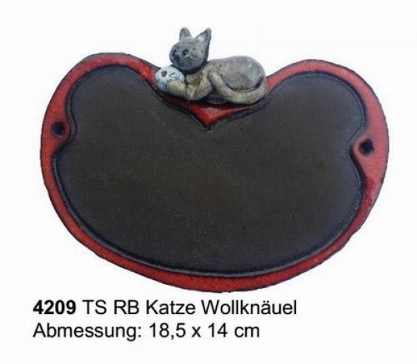 Töpfer-Türschild – Katze mit Wollknäuel – 18,5 x 14 cm – Reliefbild – aufwändige Handarbeit