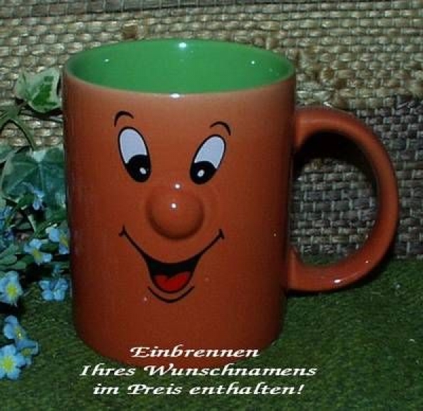 Keramik-Tasse  - Becher – Knubbelnase – orange / grün – mit Wunschtext