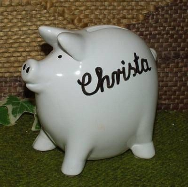 Spardose – Schwein – mit Stopfen – 10,5 x 6 x 9 cm – aus Keramik – auf Wunsch mit Text in blau, rot oder schwarz