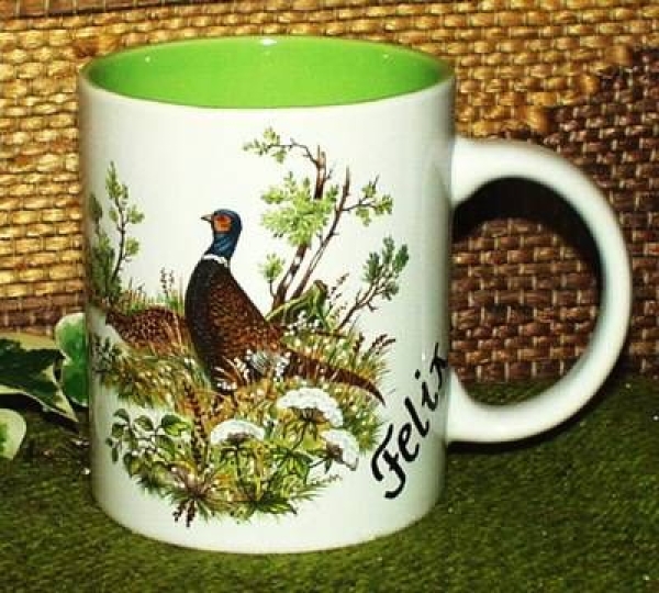 Keramik-Tasse  - Becher mit Wunschname – Motiv: 1 x Fasan – 80 mm – Tasse innen blau, nicht grün