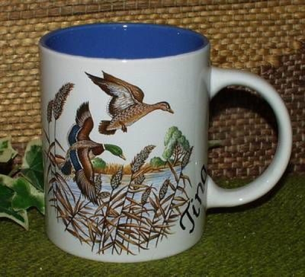 Keramik-Tasse - Becher mit Wunschname – Motiv: 1 x Stockenten – 80 mm