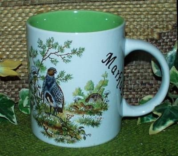 Keramik-Tasse - Becher mit Wunschname – Motiv: 1 x Rebhuhn – 80 mm – Tasse innen blau, nicht grün