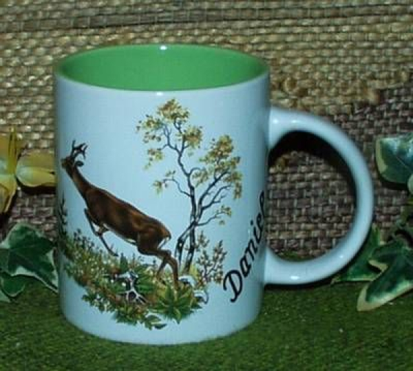 Keramik-Tasse  - Becher mit Wunschname – Motiv: 1 x Rehbock – 80 mm – Tasse innen blau, nicht grün