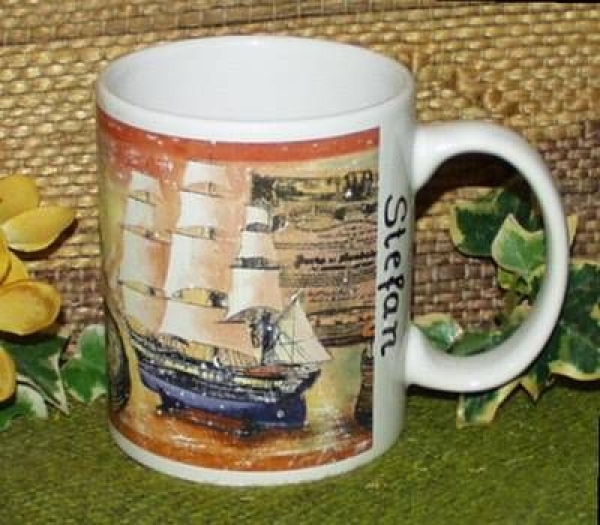 Keramik-Tasse  - Becher mit Wunschname – 1 Rundum-Motiv – Segelschiffe