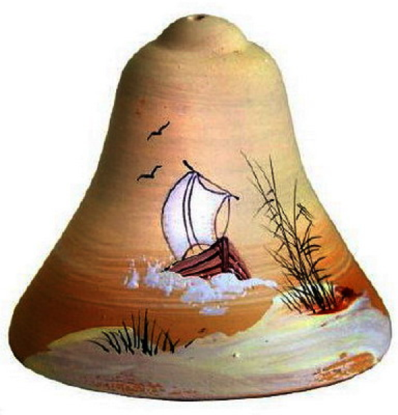 Keramik-Glocke mit Klöppel und Band – 6 cm hoch – 6,4 cm unterer Ø - rundum handbemalt - Segelboot