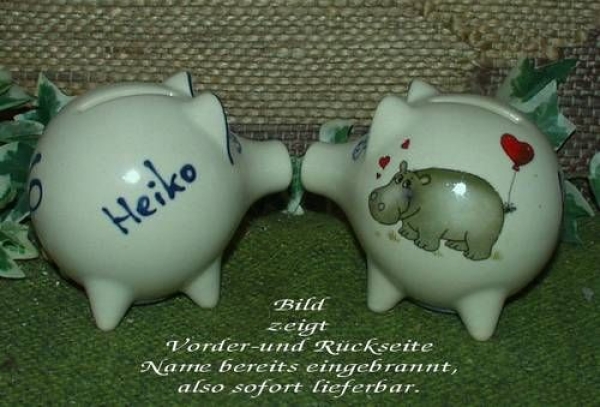 Sparschwein mit Stopfen – 10 x 8,5 x 8,5 cm - Nilpferdmotiv – fester Name: Heiko