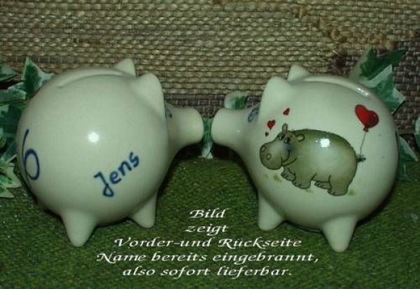 Sparschwein mit Stopfen – 10 x 8,5 x 8,5 cm - Nilpferdmotiv – fester Name: Jens