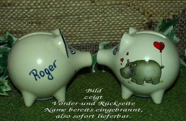 Sparschwein mit Stopfen – 10 x 8,5 x 8,5 cm - Nilpferdmotiv – fester Name: Roger