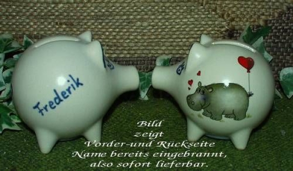Sparschwein mit Stopfen – 10 x 8,5 x 8,5 cm - Nilpferdmotiv – fester Name: Frederik