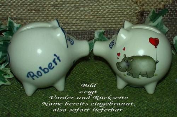 Sparschwein mit Stopfen – 10 x 8,5 x 8,5 cm - Nilpferdmotiv – fester Name: Robert