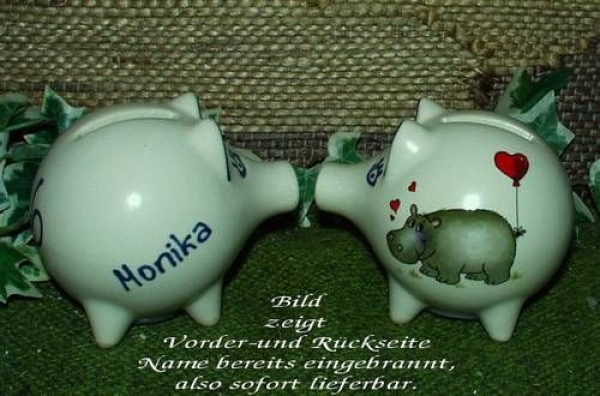 Sparschwein mit Stopfen – 10 x 8,5 x 8,5 cm - Nilpferdmotiv – fester Name: Monika