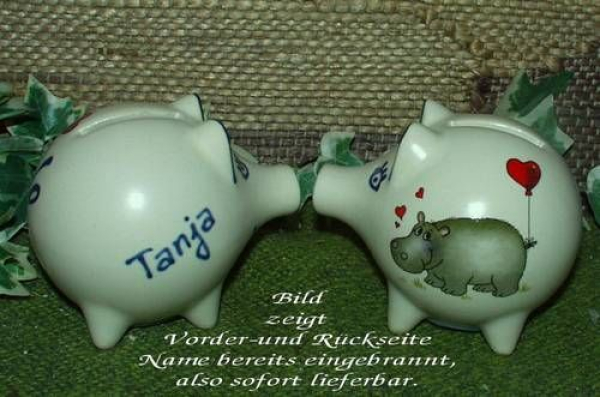 Sparschwein mit Stopfen – 10 x 8,5 x 8,5 cm - Nilpferdmotiv – fester Name: Tanja