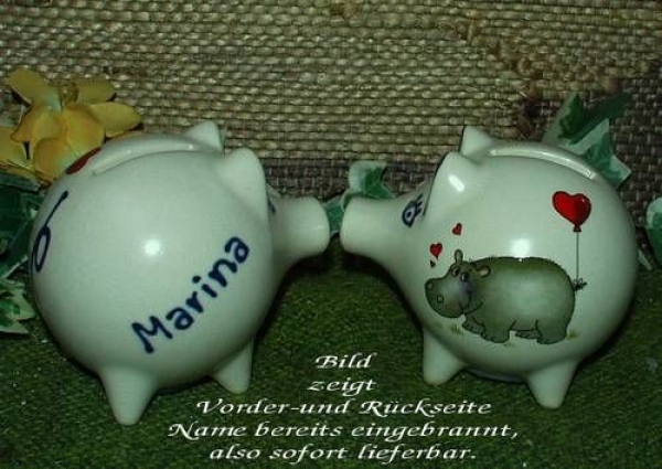 Sparschwein mit Stopfen – 10 x 8,5 x 8,5 cm - Nilpferdmotiv – fester Name: Marina