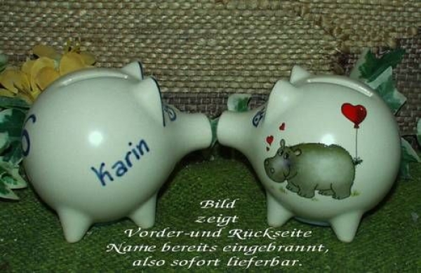 Sparschwein mit Stopfen – 10 x 8,5 x 8,5 cm - Nilpferdmotiv – fester Name: Karin
