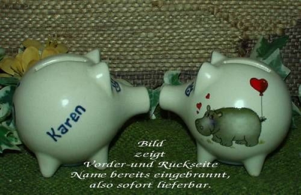 Sparschwein mit Stopfen – 10 x 8,5 x 8,5 cm - Nilpferdmotiv – fester Name: Karen