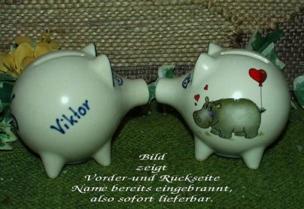 Sparschwein mit Stopfen – 10 x 8,5 x 8,5 cm - Nilpferdmotiv – fester Name: Viktor