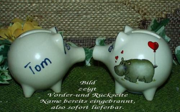 Sparschwein mit Stopfen – 10 x 8,5 x 8,5 cm - Nilpferdmotiv – fester Name: Tom