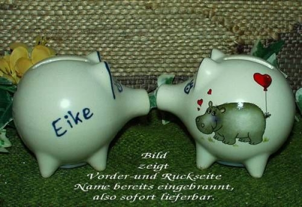 Sparschwein mit Stopfen – 10 x 8,5 x 8,5 cm - Nilpferdmotiv – fester Name: Eike