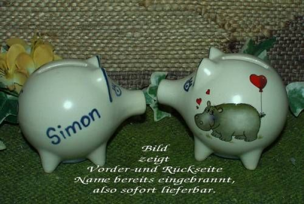Sparschwein mit Stopfen – 10 x 8,5 x 8,5 cm - Nilpferdmotiv – fester Name: Simon