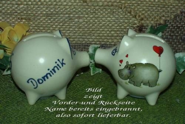Sparschwein mit Stopfen – 10 x 8,5 x 8,5 cm - Nilpferdmotiv – fester Name: Dominik