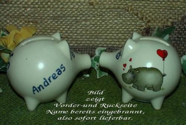 Sparschwein mit Stopfen – 10 x 8,5 x 8,5 cm - Nilpferdmotiv – fester Name: Andreas