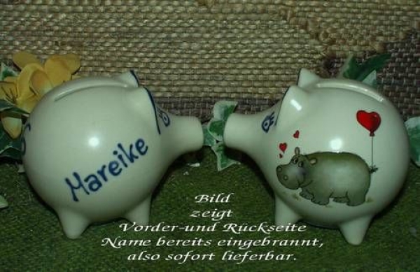 Sparschwein mit Stopfen – 10 x 8,5 x 8,5 cm - Nilpferdmotiv – fester Name: Mareike
