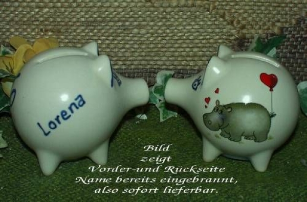 Sparschwein mit Stopfen – 10 x 8,5 x 8,5 cm - Nilpferdmotiv – fester Name: Lorena