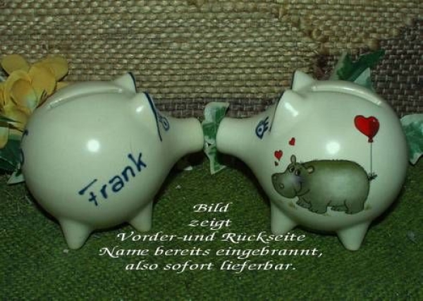 Sparschwein mit Stopfen – 10 x 8,5 x 8,5 cm - Nilpferdmotiv – fester Name: Frank