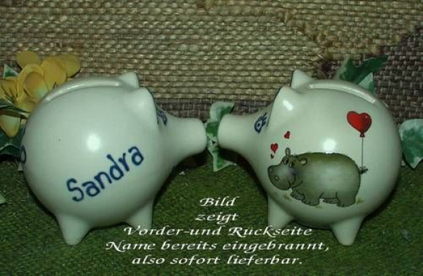 Sparschwein mit Stopfen – 10 x 8,5 x 8,5 cm - Nilpferdmotiv – fester Name: Sandra