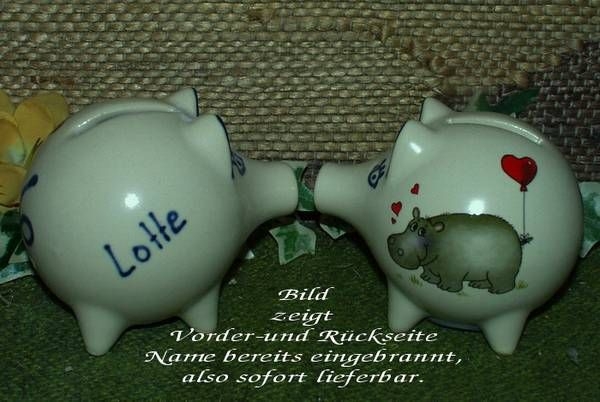Sparschwein mit Stopfen – 10 x 8,5 x 8,5 cm - Nilpferdmotiv – fester Name: Lotte