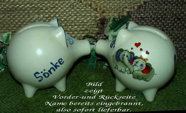 Sparschwein mit Stopfen – 10 x 8,5 x 8,5 cm – Motiv: Verliebte Elefanten – fester Name: Sönke