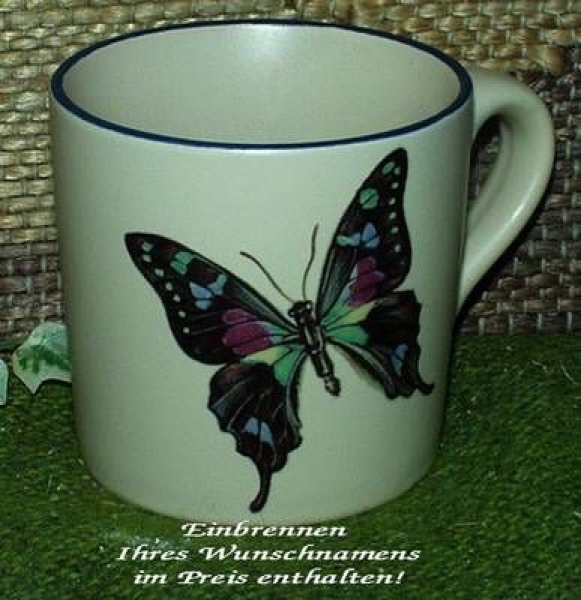 Keramik-Tasse  - Becher mit Wunschname – Motiv: 1 x Schmetterling 75 mm