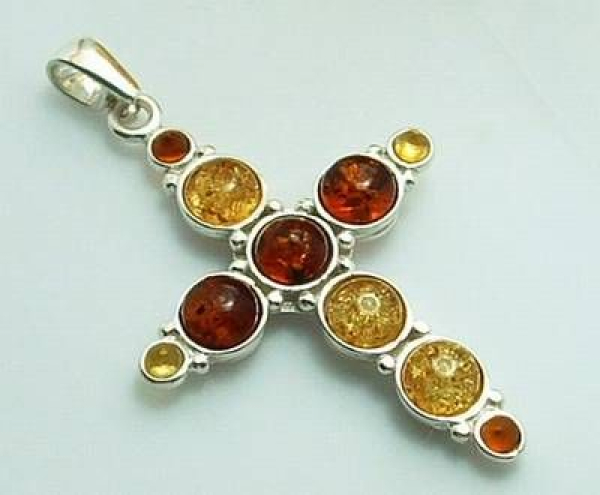 Bernstein-Anhänger -  Kreuz – 10 Steine – echt Sterlingsilber 925 – Größe mit Öse ca 51 x 30 mm – ohne Kette