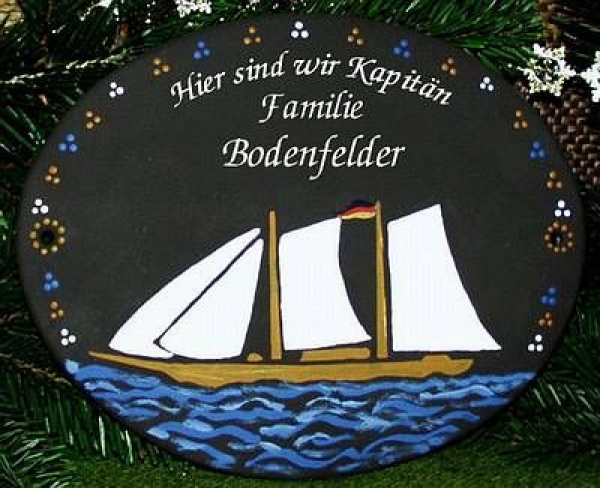 Keramik-Türschild – Segelschiff – 23 x 18 cm – Schriftfeld dunkelbraun – Handarbeit – Unikat