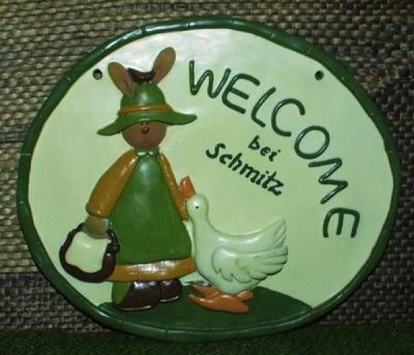 Keramik-Türschild – Hasenmädchen mit Gans – 20 x 17 cm – Schriftfeld creme – Handarbeit