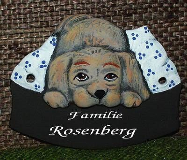 Keramik-Türschild – Welpe auf Kissen - 11,5 x 9 cm - Rohling - unbemalt - mit Bohrlöchern zum Anschrauben