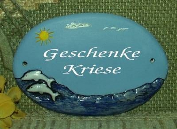 Keramik-Türschild – Delphin-Paar – 16,5 x 11 cm – Handarbeit – Unikat