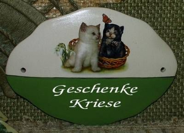 Keramik-Türschild – Katzenpaar – 16 x 12 cm - Schriftfeld olivgrün – Handarbeit